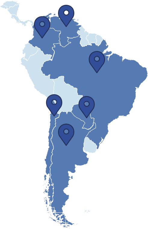 Mapa do Mercosul com marcadores nos países onde a LF Química atende.