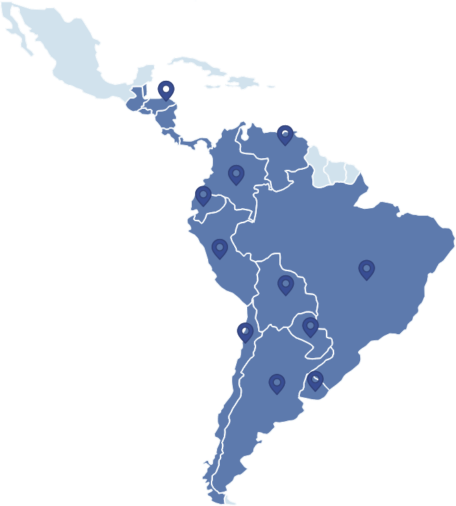 Mapa do Mercosul com marcadores nos países onde a LF Química atende.